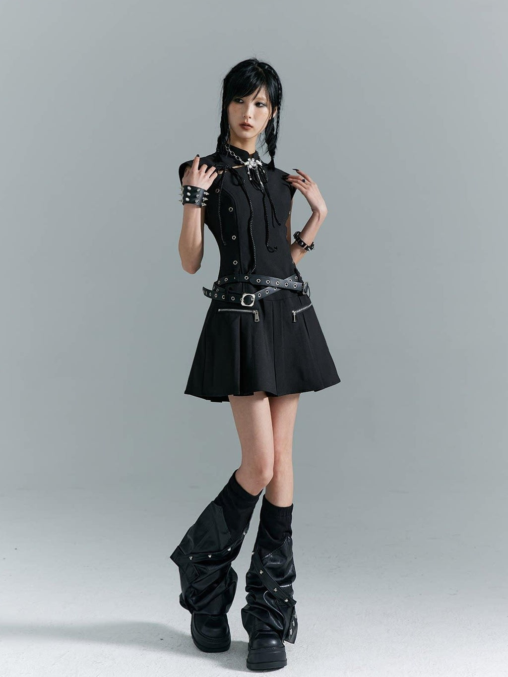 Frustration Garden Fitted Waist Modern Chinese Collar Sleeveless Aline Black Casual Mini Dresses
