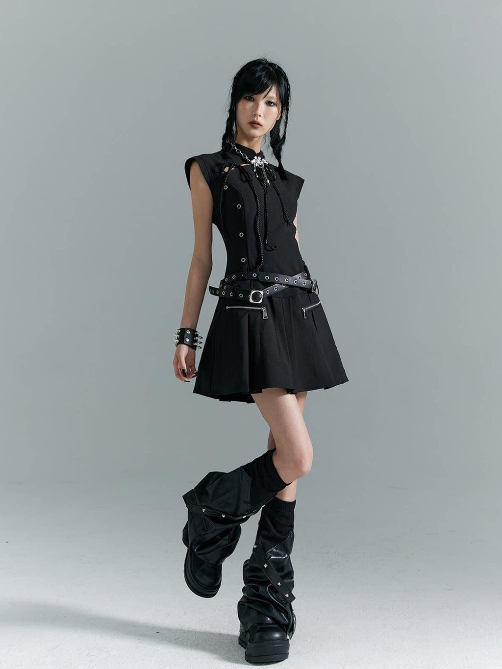 Frustration Garden Fitted Waist Modern Chinese Collar Sleeveless Aline Black Casual Mini Dresses
