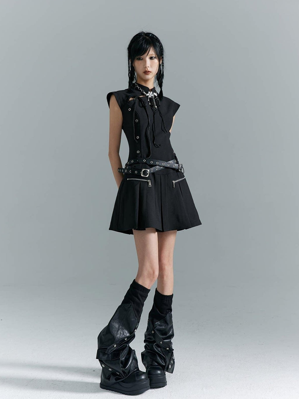 Frustration Garden Fitted Waist Modern Chinese Collar Sleeveless Aline Black Casual Mini Dresses