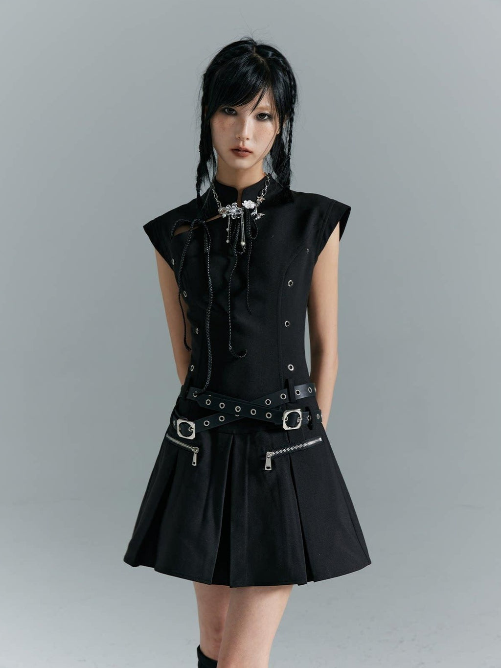 Frustration Garden Fitted Waist Modern Chinese Collar Sleeveless Aline Black Casual Mini Dresses
