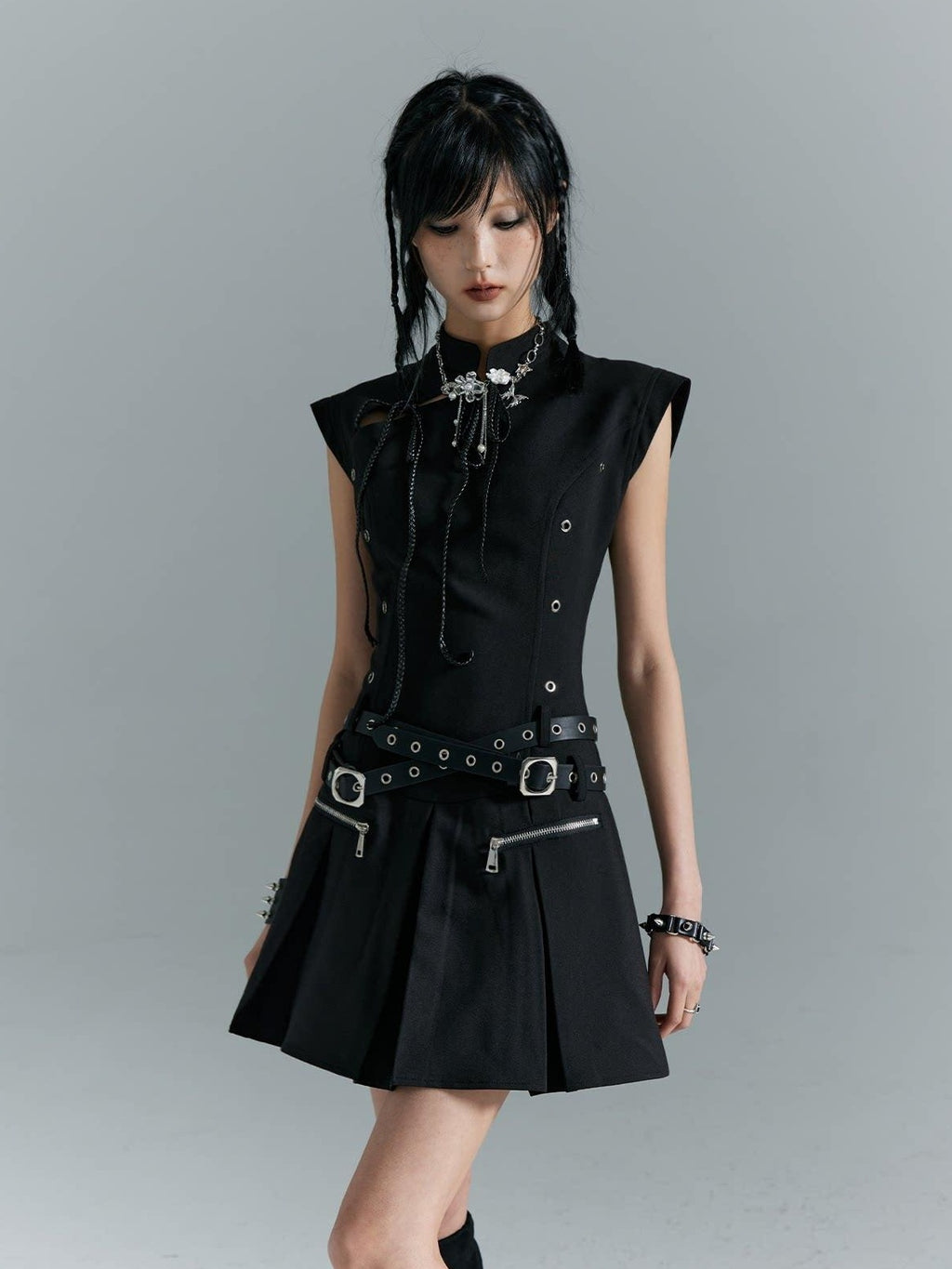 Frustration Garden Fitted Waist Modern Chinese Collar Sleeveless Aline Black Casual Mini Dresses
