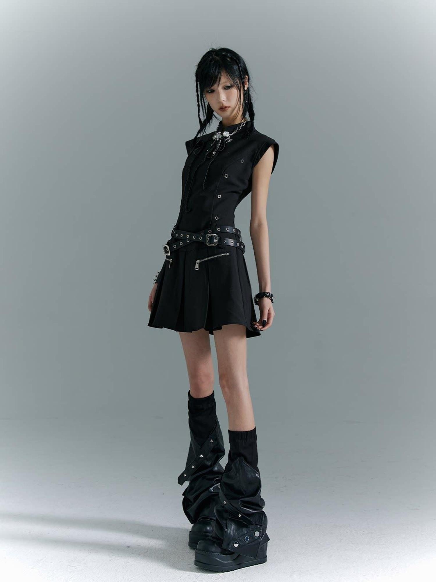 Frustration Garden Fitted Waist Modern Chinese Collar Sleeveless Aline Black Casual Mini Dresses