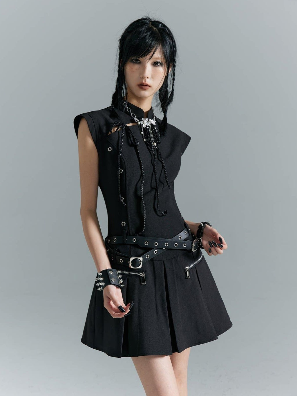 Frustration Garden Fitted Waist Modern Chinese Collar Sleeveless Aline Black Casual Mini Dresses