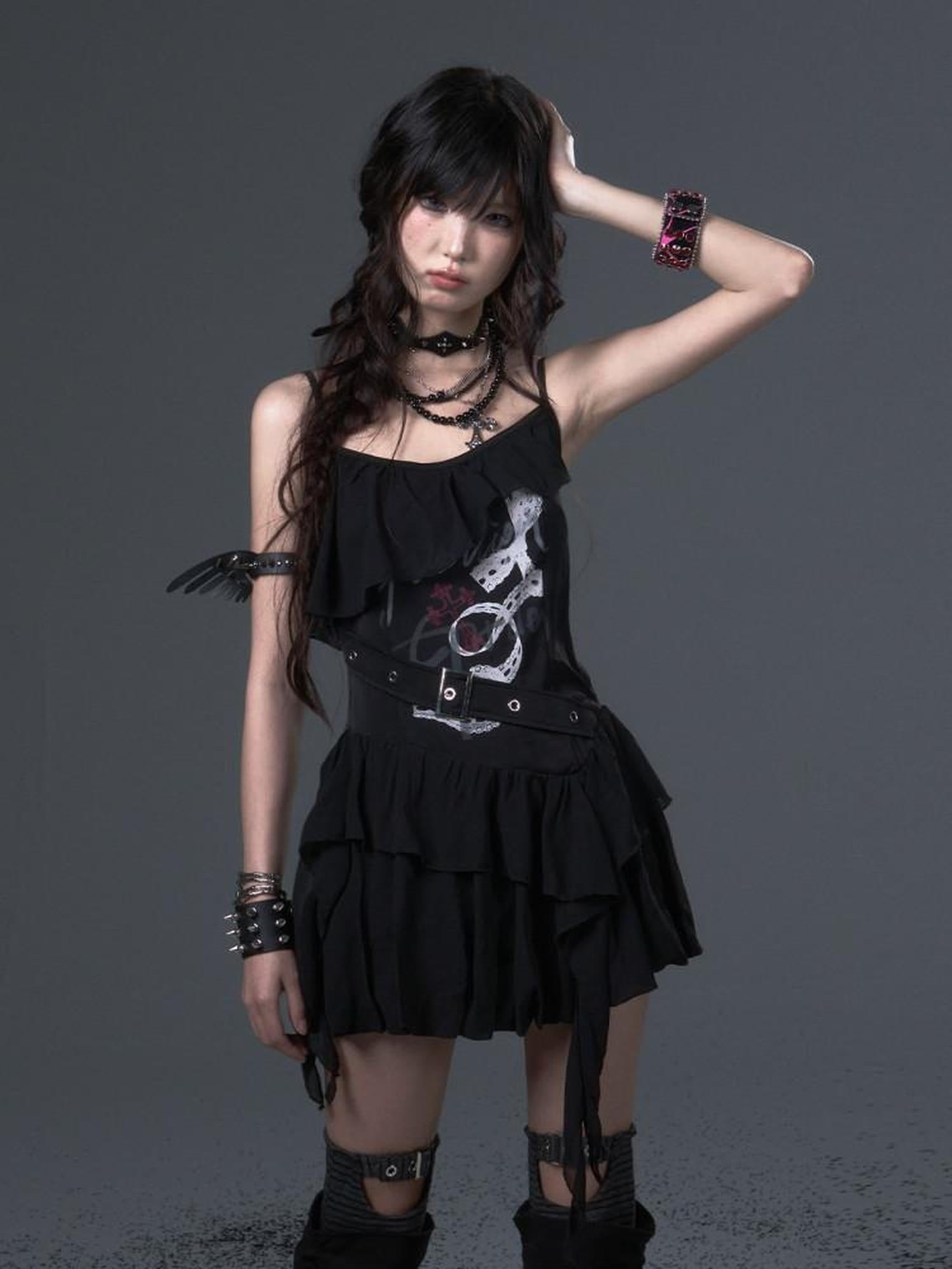 Frustration Garden Flirty Sweet Sultry Printed Black A Line Camisole Casual Slip Mini Dresses