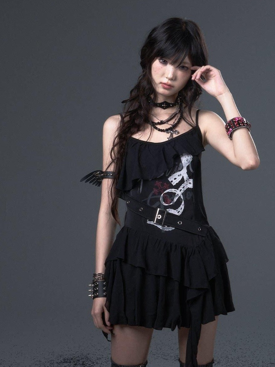 Frustration Garden Flirty Sweet Sultry Printed Black A Line Camisole Casual Slip Mini Dresses