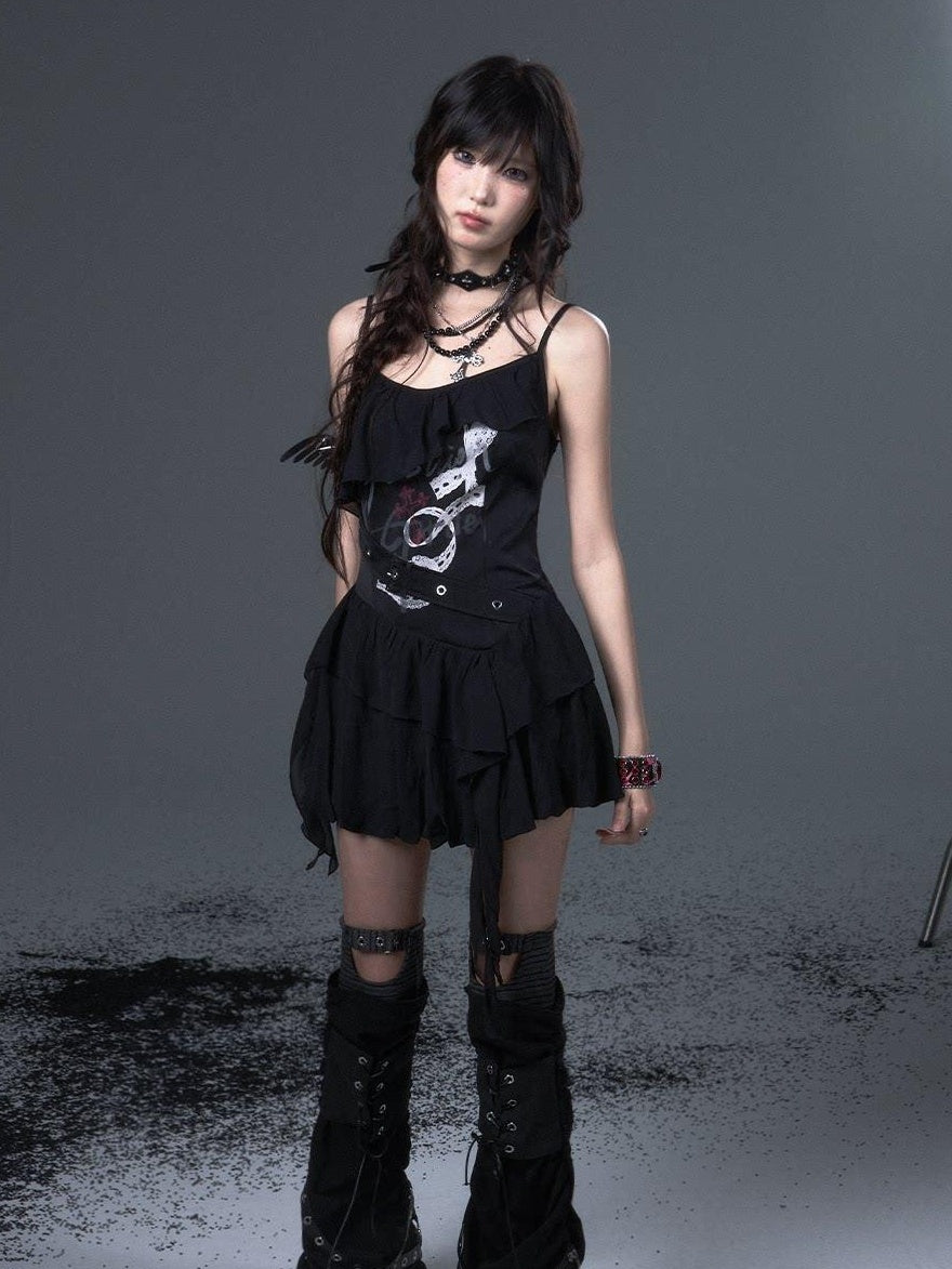 Frustration Garden Flirty Sweet Sultry Printed Black A Line Camisole Casual Slip Mini Dresses
