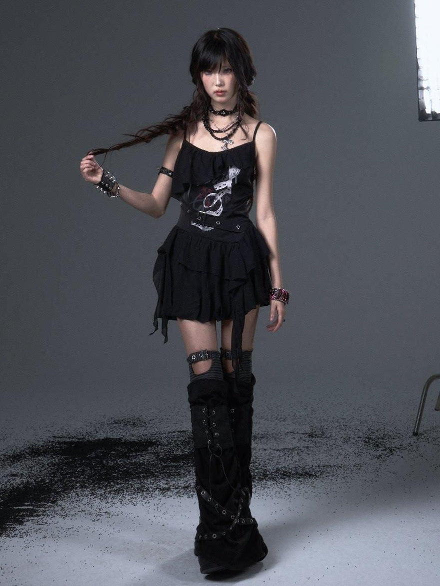 Frustration Garden Flirty Sweet Sultry Printed Black A Line Camisole Casual Slip Mini Dresses