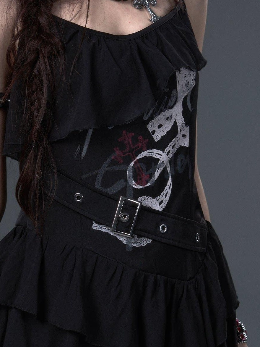 Frustration Garden Flirty Sweet Sultry Printed Black A Line Camisole Casual Slip Mini Dresses