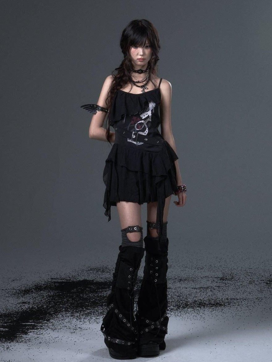 Frustration Garden Flirty Sweet Sultry Printed Black A Line Camisole Casual Slip Mini Dresses