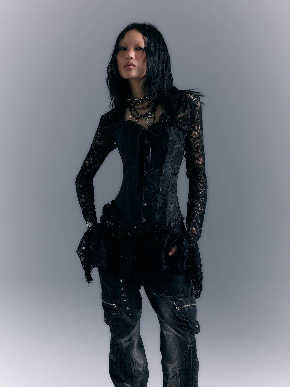 Frustration_Garden_Gothic_Tie_Waist_V-neck_Long_Sleeve_Two_Piece_Black_Lace_Casual_Mini_Dresses_MISSTT