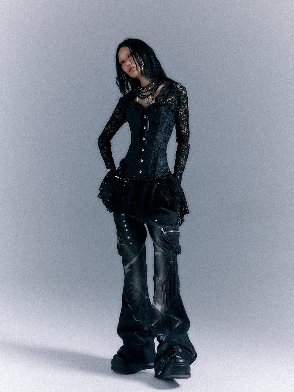 Frustration Garden Gothic Tie Waist V-neck Long Sleeve Two Piece Black Lace Casual Mini Dresses