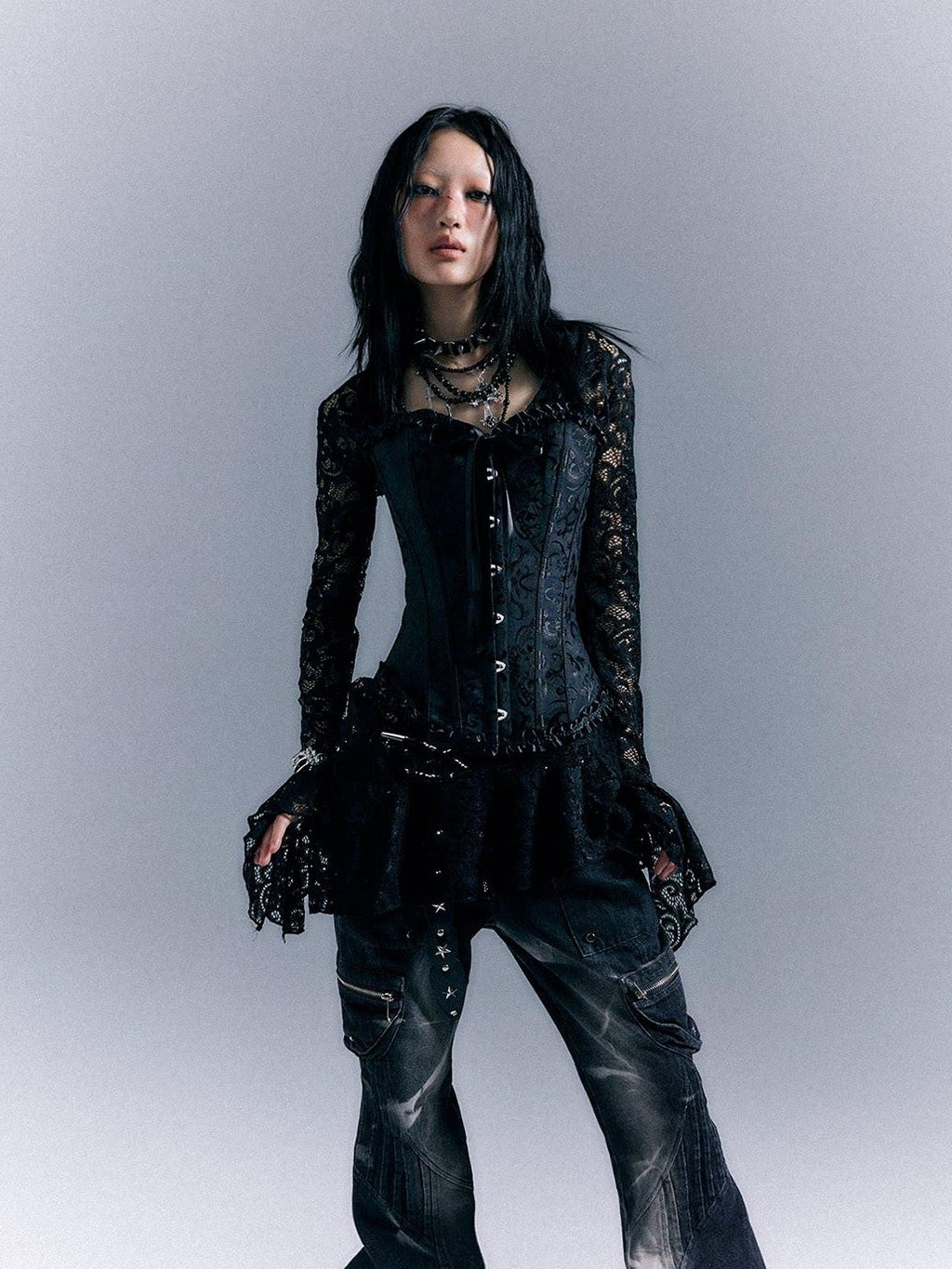 Frustration Garden Gothic Tie Waist V-neck Long Sleeve Two Piece Black Lace Casual Mini Dresses