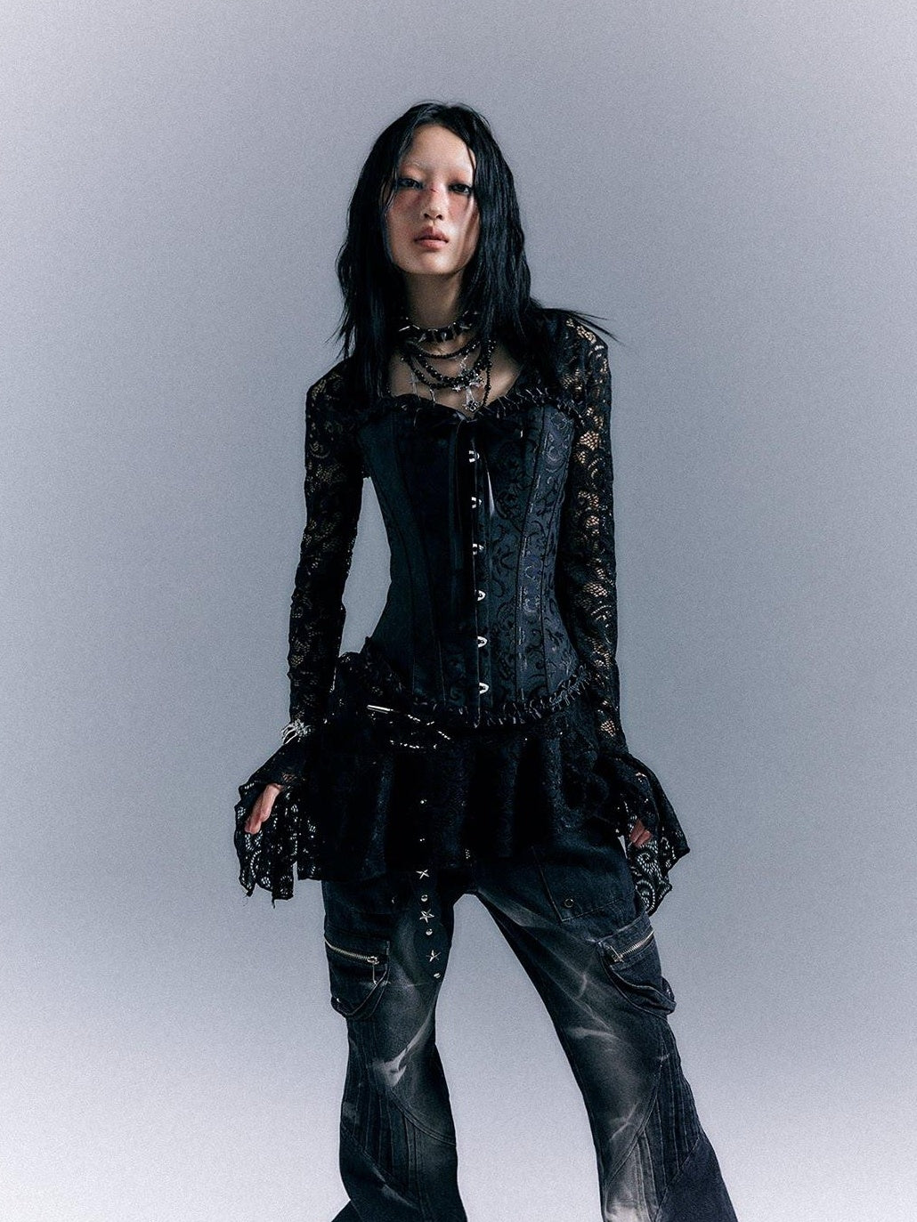 Frustration Garden Gothic Tie Waist V-neck Long Sleeve Two Piece Black Lace Casual Mini Dresses