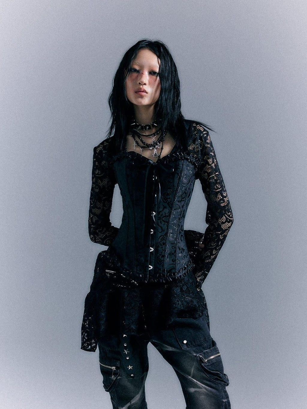 Frustration Garden Gothic Tie Waist V-neck Long Sleeve Two Piece Black Lace Casual Mini Dresses