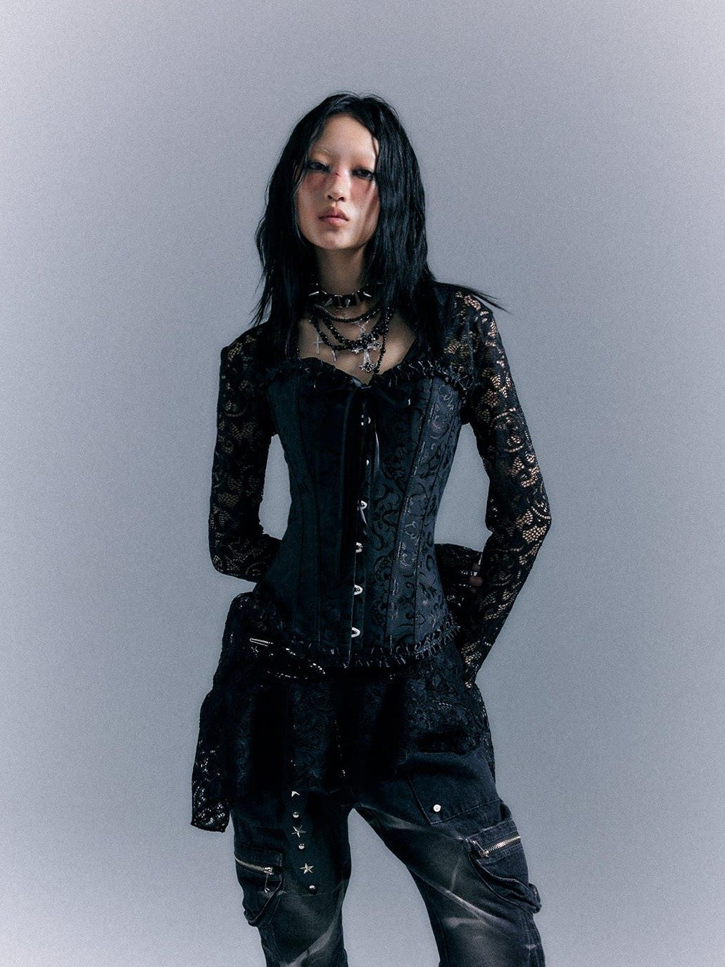 Frustration Garden Gothic Tie Waist V-neck Long Sleeve Two Piece Black Lace Casual Mini Dresses