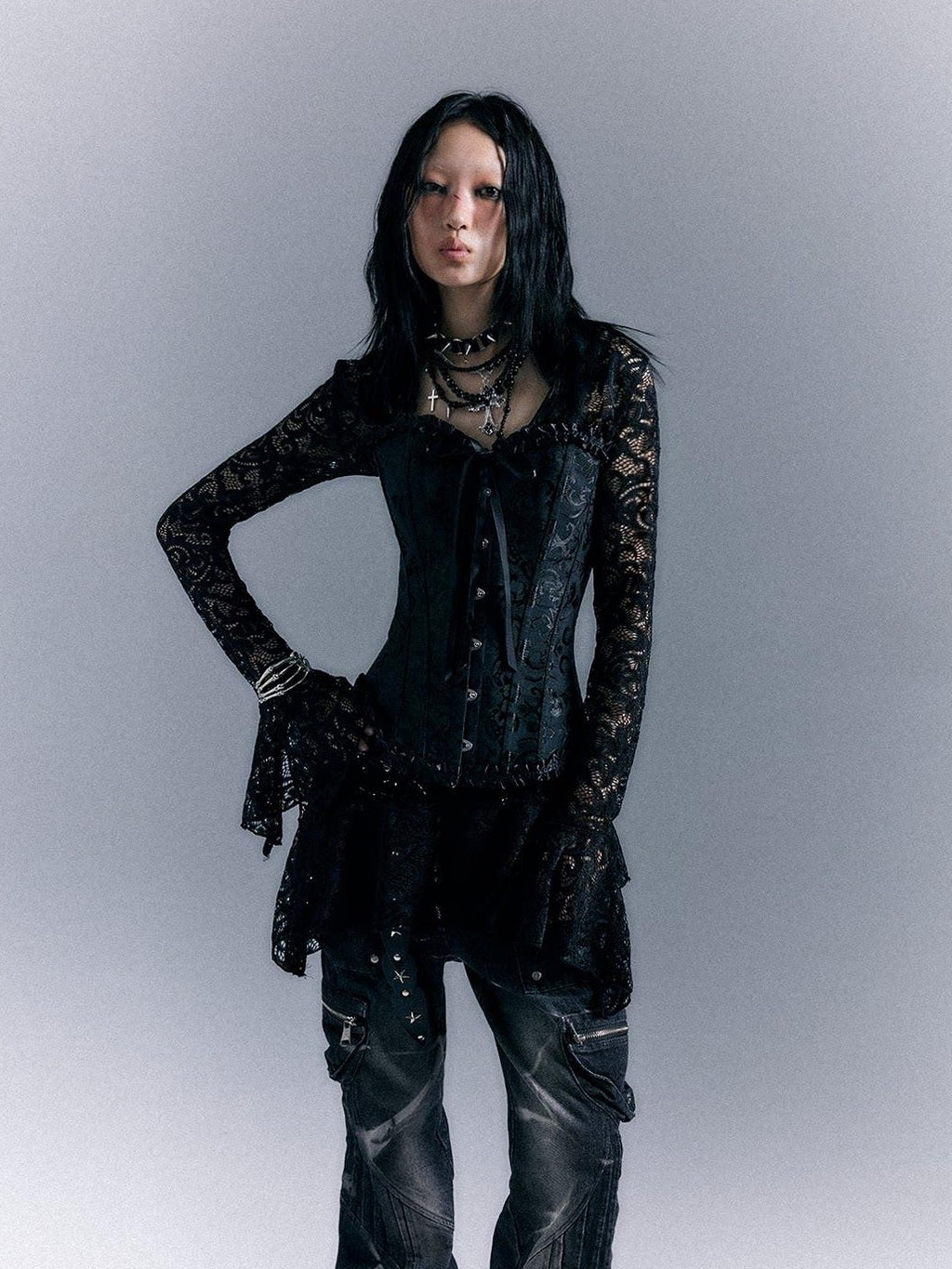 Frustration Garden Gothic Tie Waist V-neck Long Sleeve Two Piece Black Lace Casual Mini Dresses
