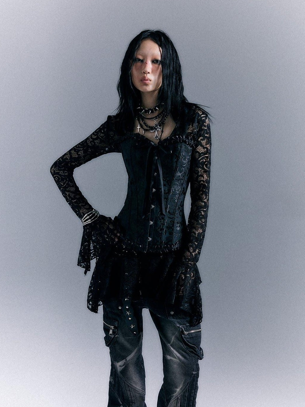 Frustration Garden Gothic Tie Waist V-neck Long Sleeve Two Piece Black Lace Casual Mini Dresses