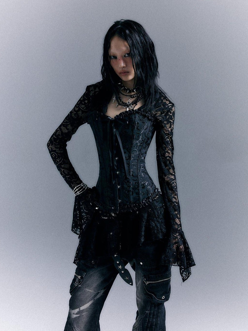 Frustration Garden Gothic Tie Waist V-neck Long Sleeve Two Piece Black Lace Casual Mini Dresses