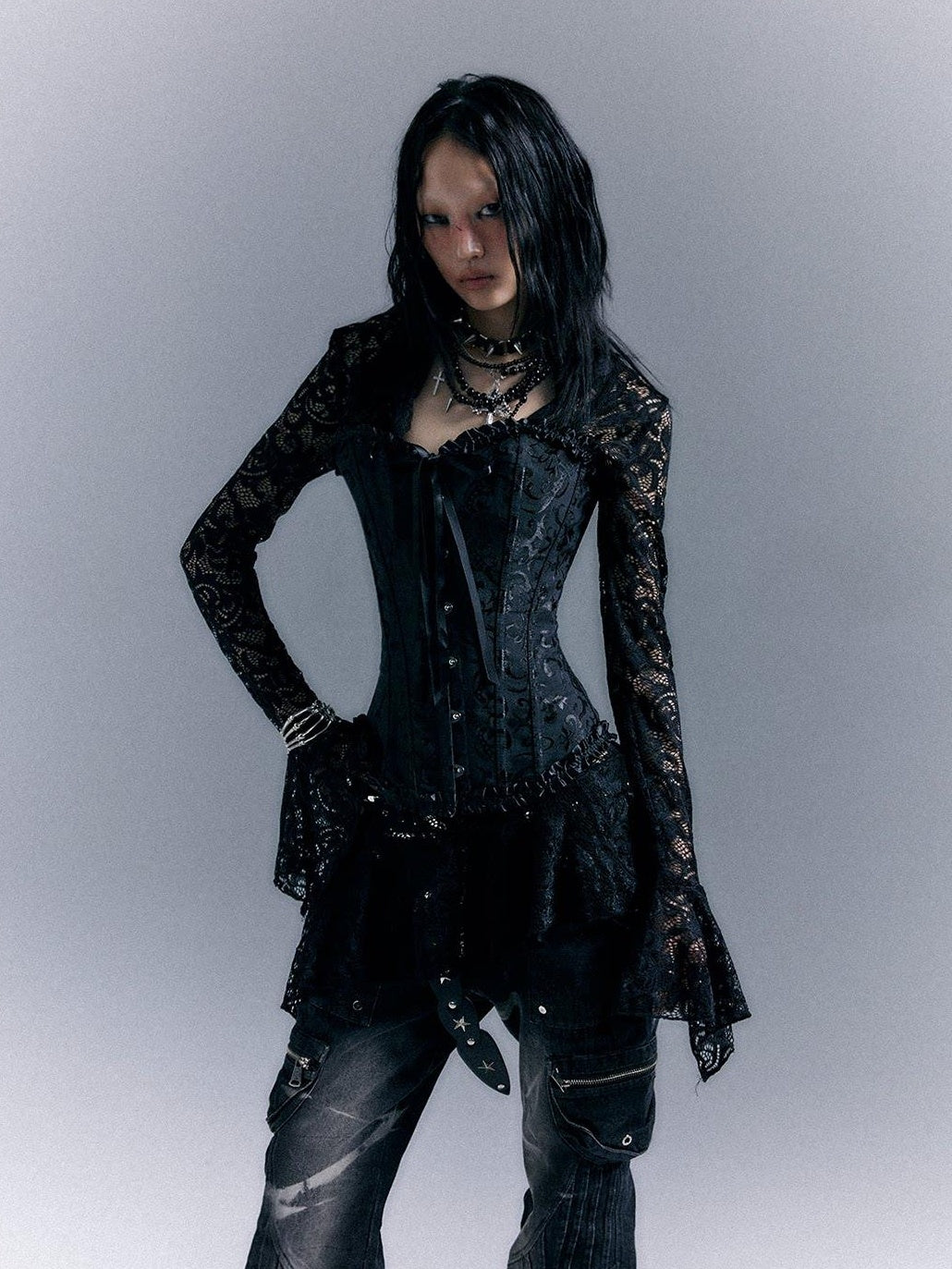 Frustration Garden Gothic Tie Waist V-neck Long Sleeve Two Piece Black Lace Casual Mini Dresses
