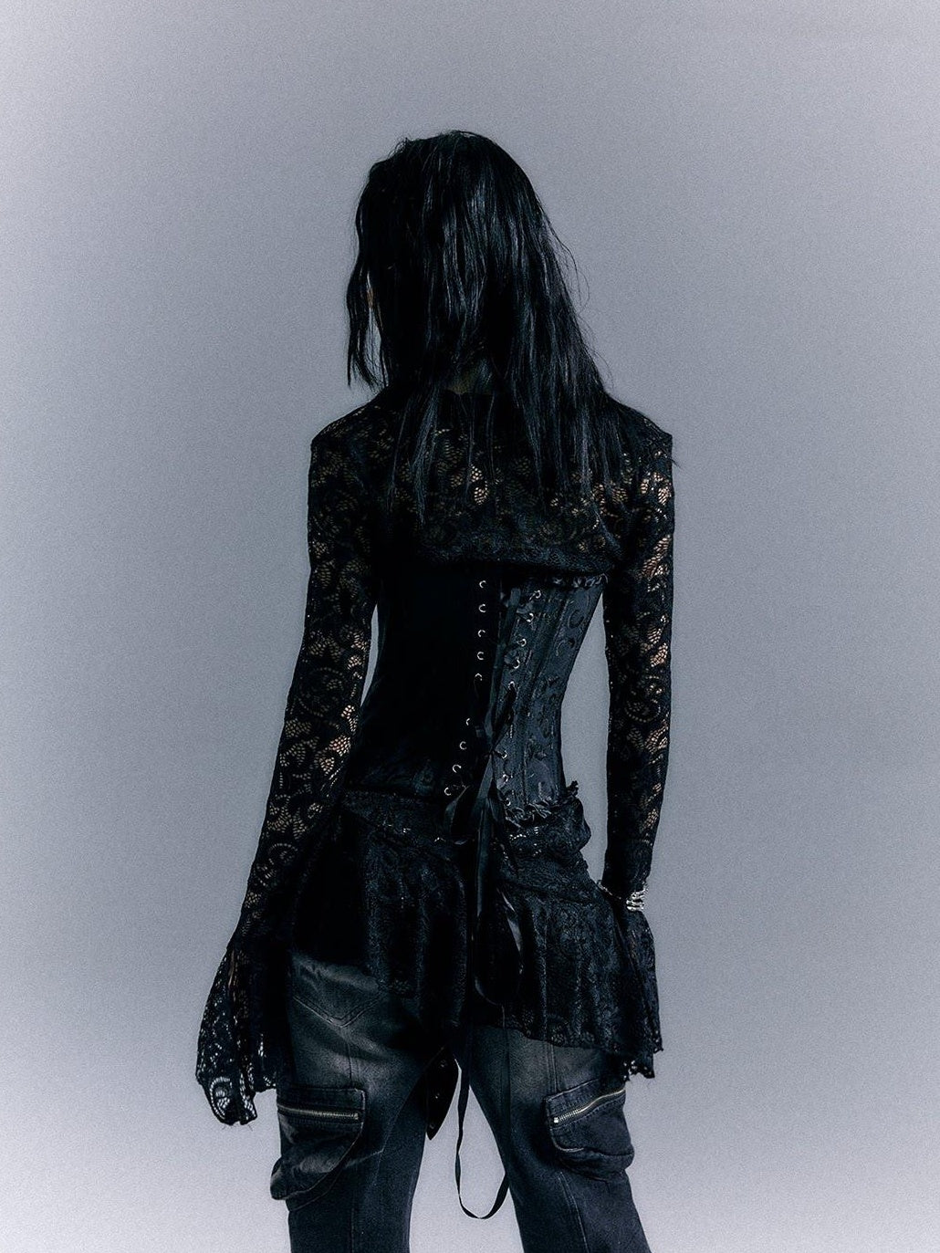 Frustration Garden Gothic Tie Waist V-neck Long Sleeve Two Piece Black Lace Casual Mini Dresses