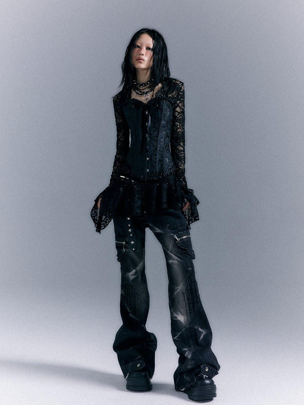 Frustration Garden Gothic Tie Waist V-neck Long Sleeve Two Piece Black Lace Casual Mini Dresses