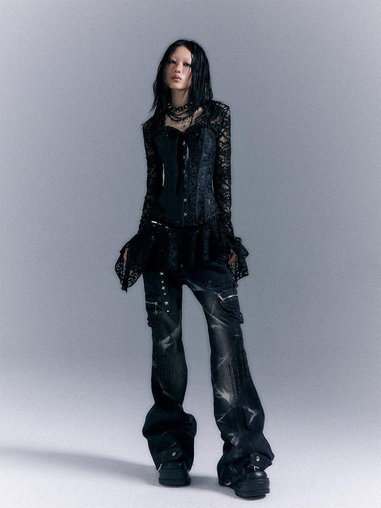 Frustration Garden Gothic Tie Waist V-neck Long Sleeve Two Piece Black Lace Casual Mini Dresses
