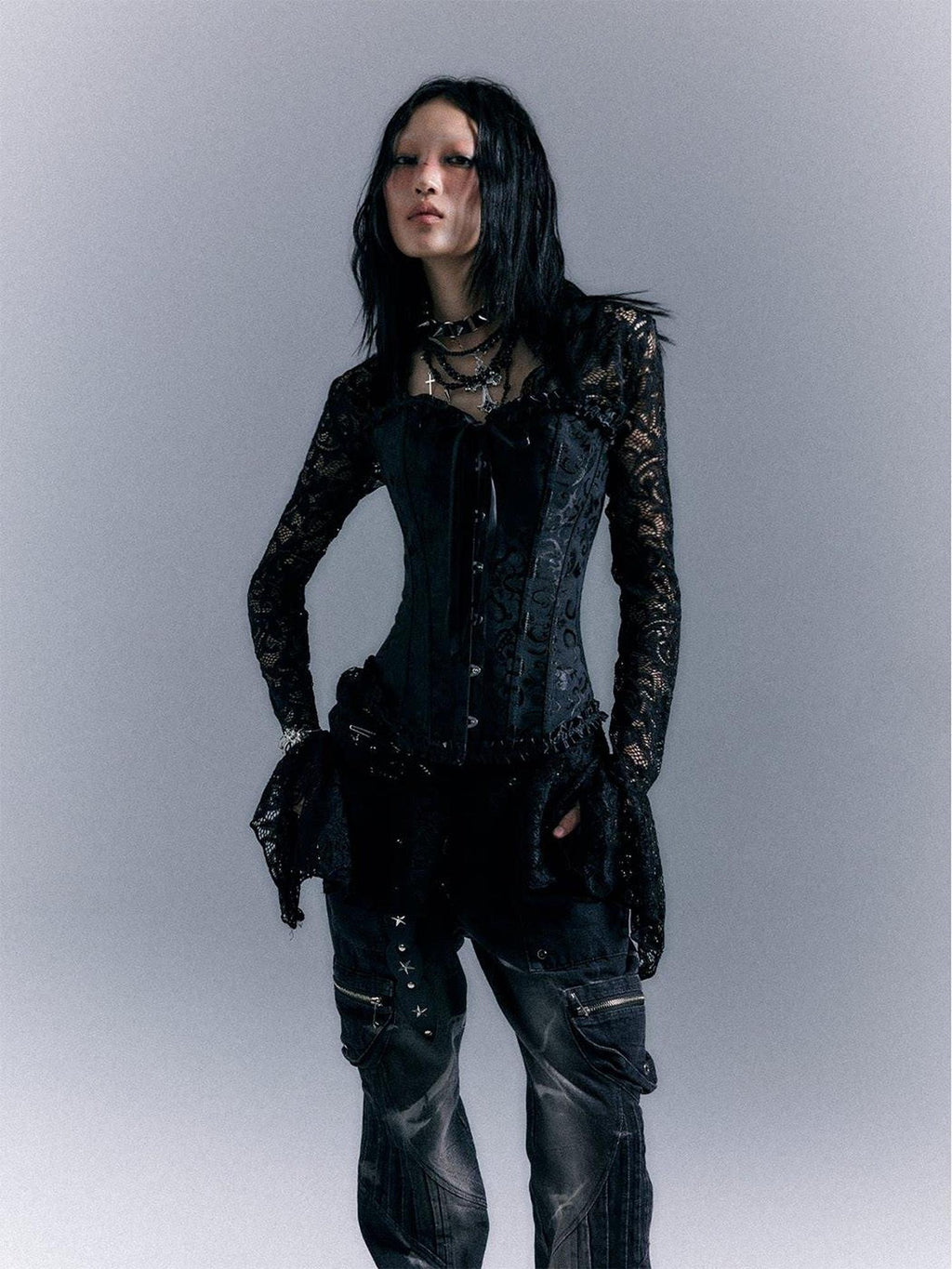 Frustration Garden Gothic Tie Waist V-neck Long Sleeve Two Piece Black Lace Casual Mini Dresses