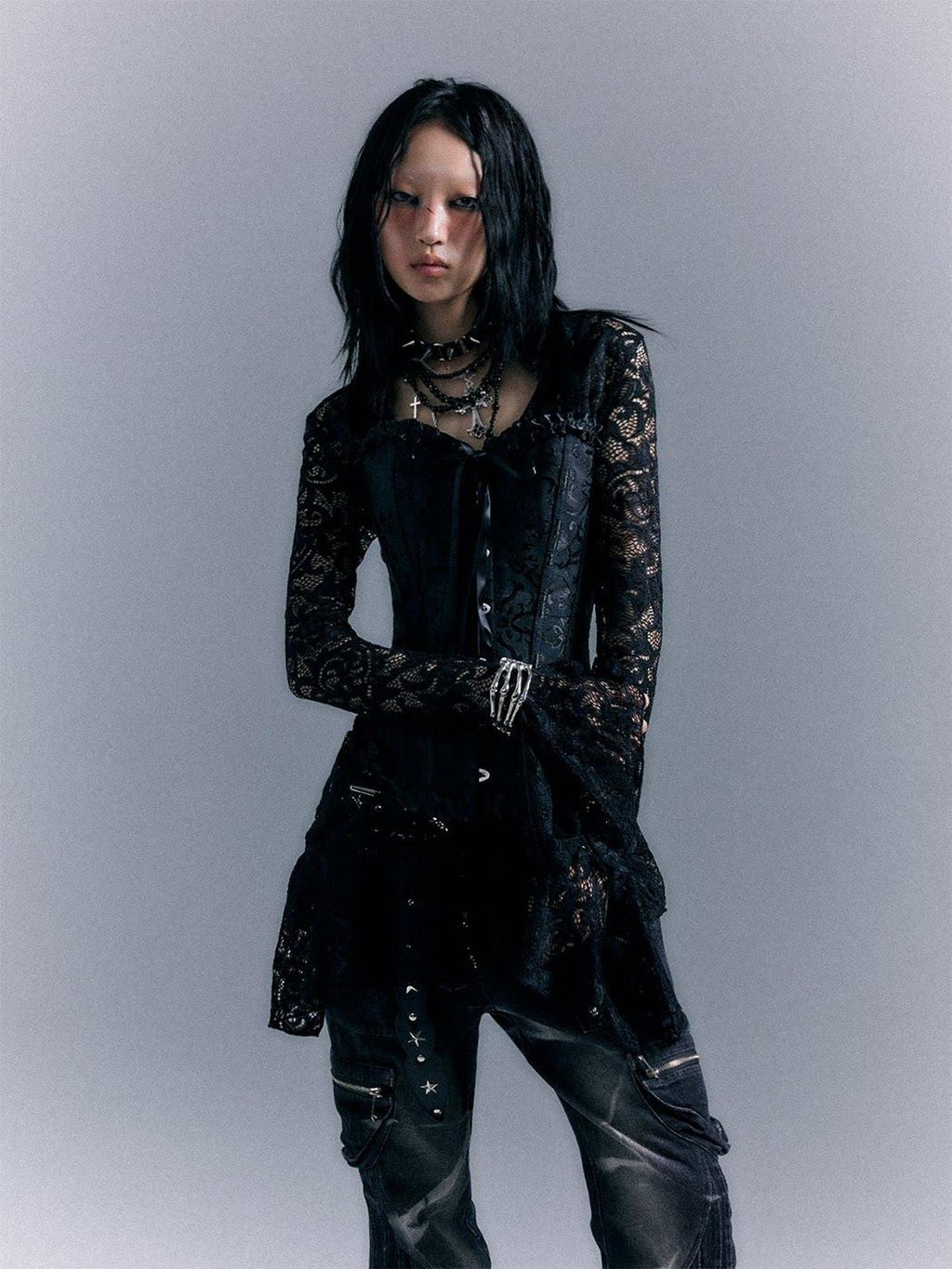 Frustration Garden Gothic Tie Waist V-neck Long Sleeve Two Piece Black Lace Casual Mini Dresses
