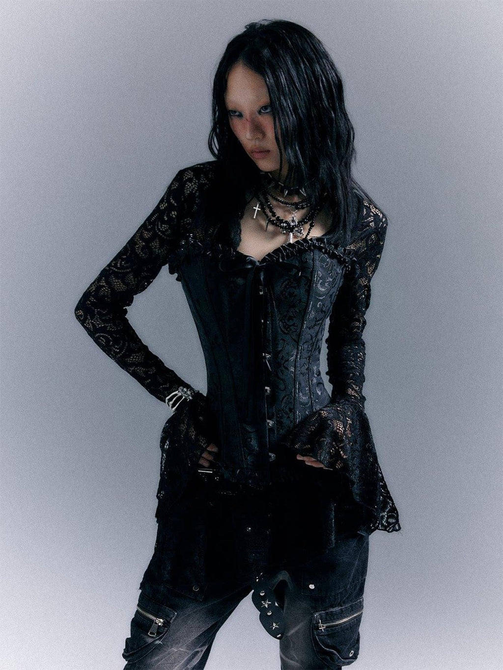 Frustration Garden Gothic Tie Waist V-neck Long Sleeve Two Piece Black Lace Casual Mini Dresses