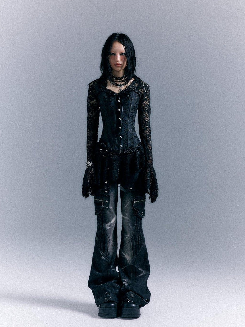 Frustration Garden Gothic Tie Waist V-neck Long Sleeve Two Piece Black Lace Casual Mini Dresses