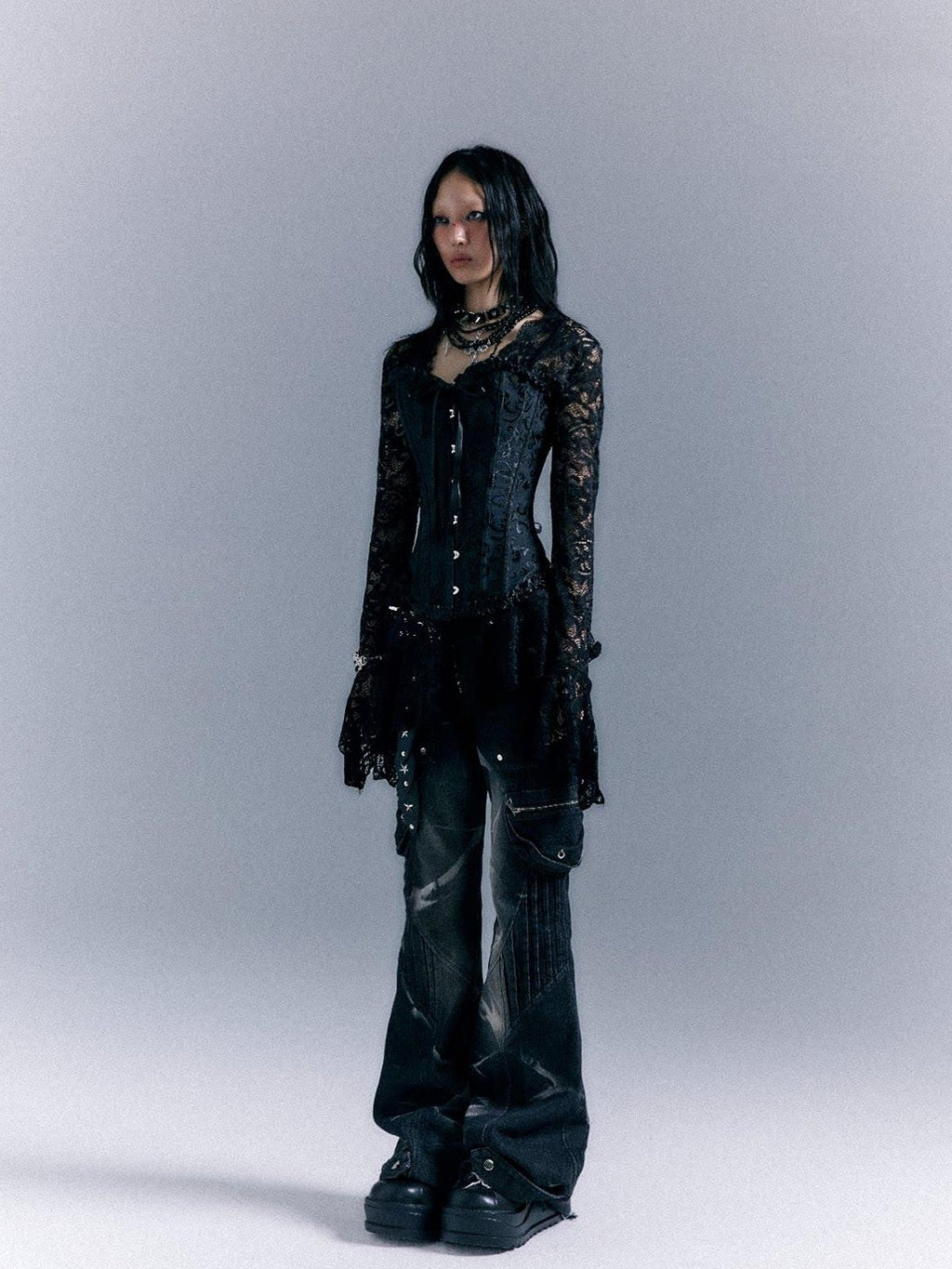 Frustration Garden Gothic Tie Waist V-neck Long Sleeve Two Piece Black Lace Casual Mini Dresses