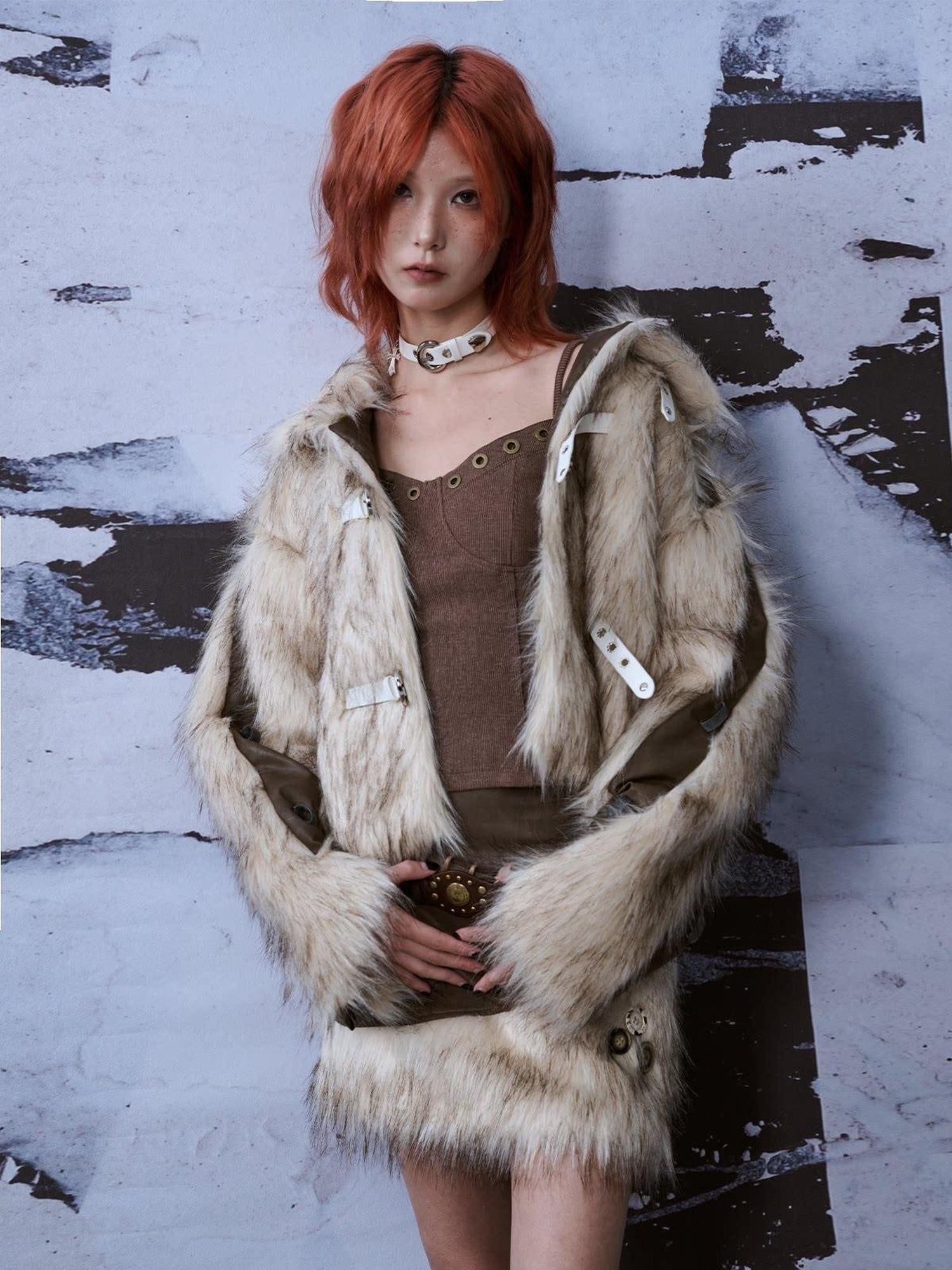 Frustration Garden High Neck Warm Original Loose Fit Patchwork Women Polyester Casual Jackets