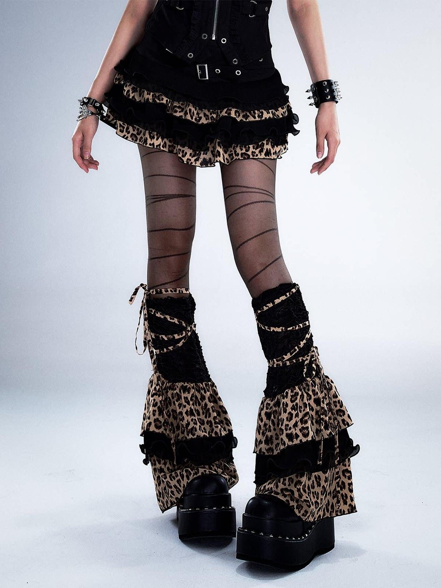 Frustration Garden Lightweight Leopard Print Edgy Leg Sleeve Unisex Black Fashion Leg Warmers