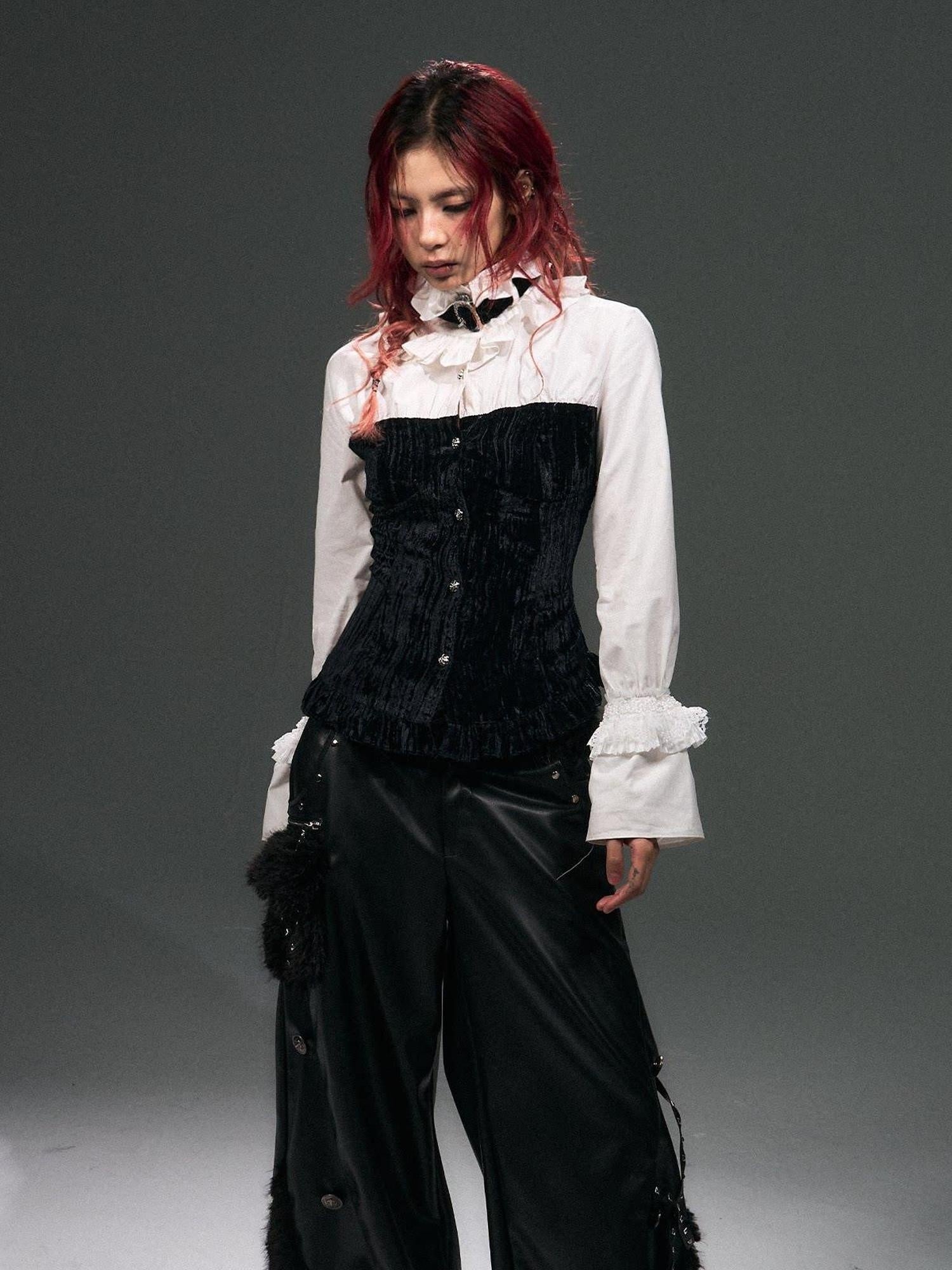 Frustration Garden Original Cotton Slim Fit Bishop Sleeve Stand Collar Button Cropped Blouses