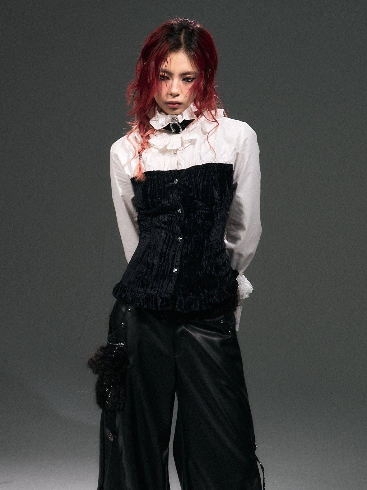 Frustration Garden Original Cotton Slim Fit Bishop Sleeve Stand Collar Button Cropped Blouses