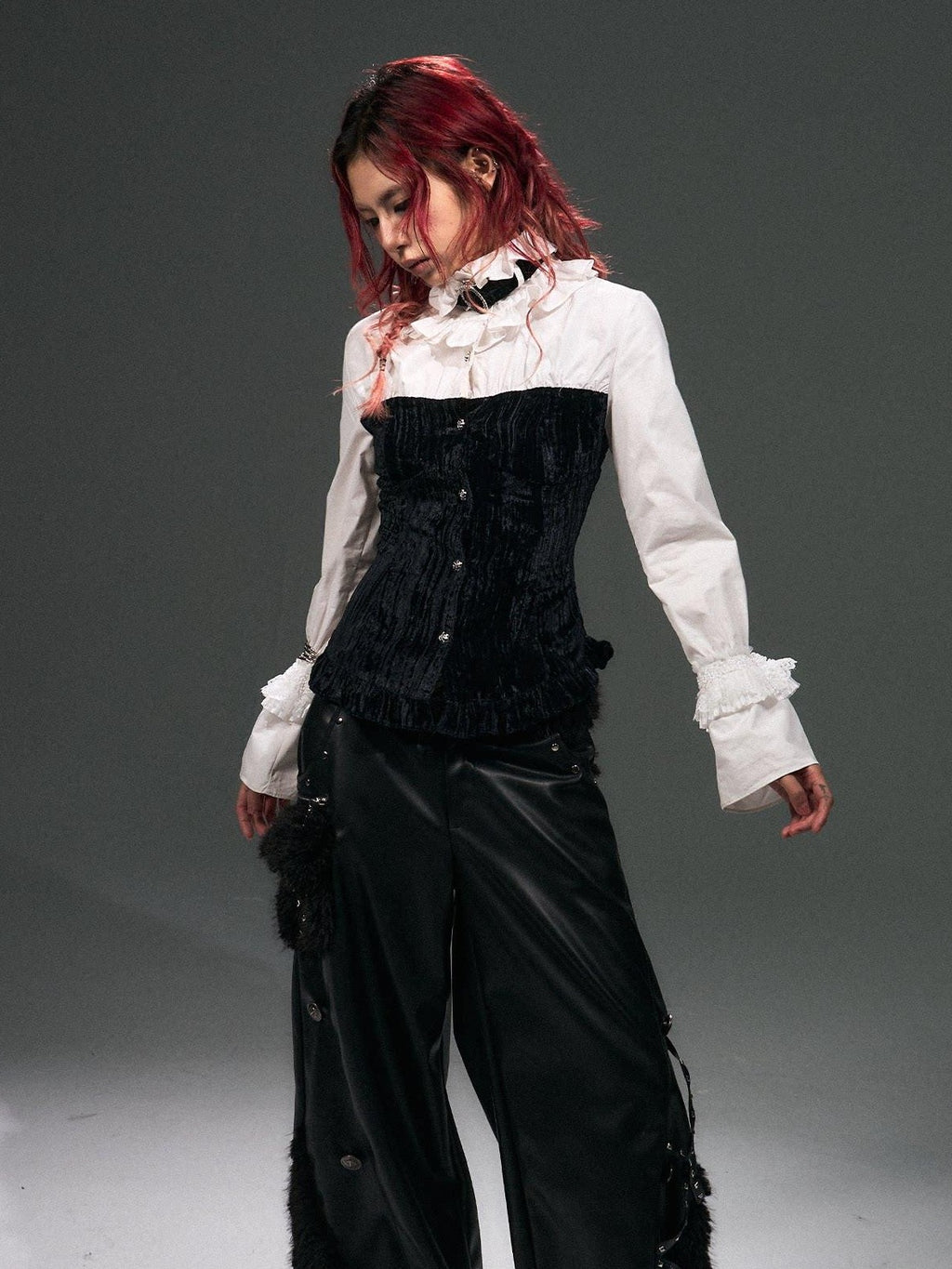 Frustration Garden Original Cotton Slim Fit Bishop Sleeve Stand Collar Button Cropped Blouses