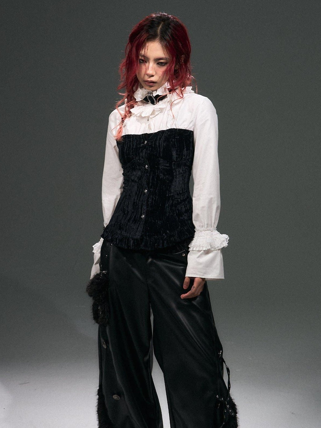 Frustration Garden Original Cotton Slim Fit Bishop Sleeve Stand Collar Button Cropped Blouses
