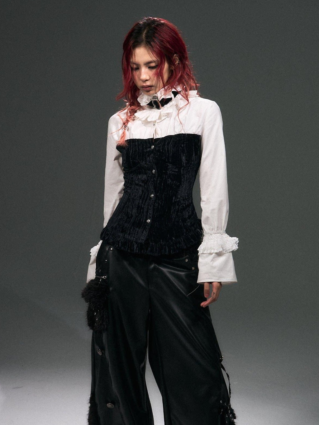 Frustration Garden Original Cotton Slim Fit Bishop Sleeve Stand Collar Button Cropped Blouses