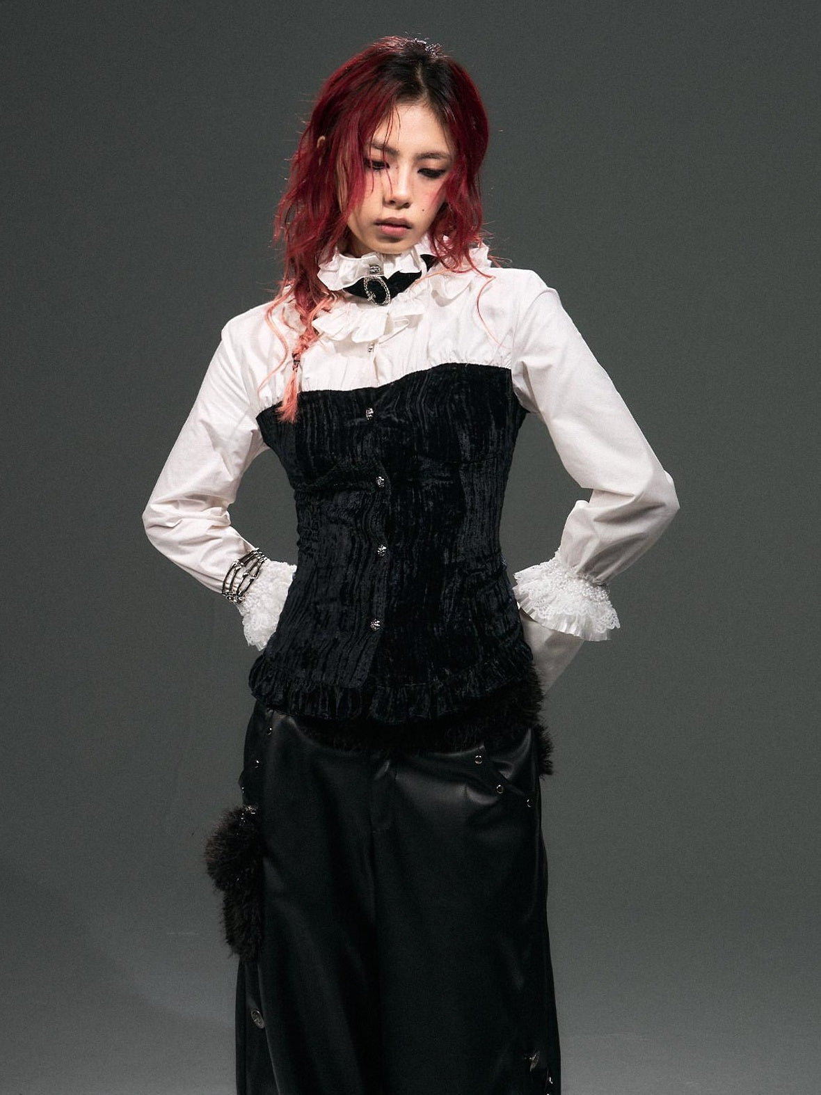 Frustration Garden Original Cotton Slim Fit Bishop Sleeve Stand Collar Button Cropped Blouses