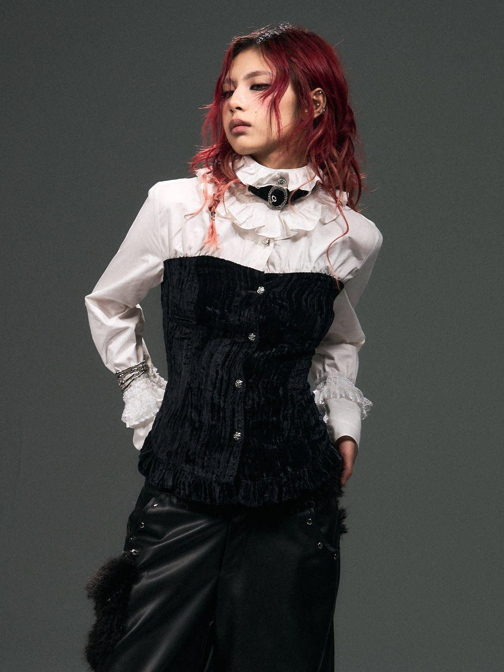 Frustration Garden Original Cotton Slim Fit Bishop Sleeve Stand Collar Button Cropped Blouses