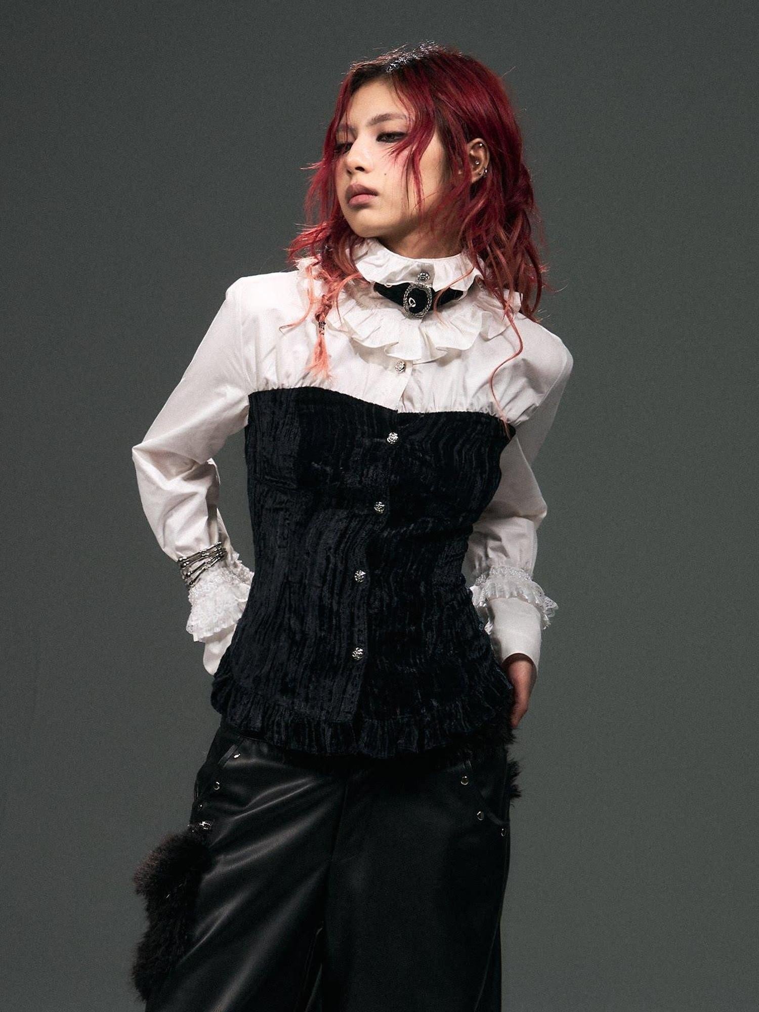 Frustration Garden Original Cotton Slim Fit Bishop Sleeve Stand Collar Button Cropped Blouses