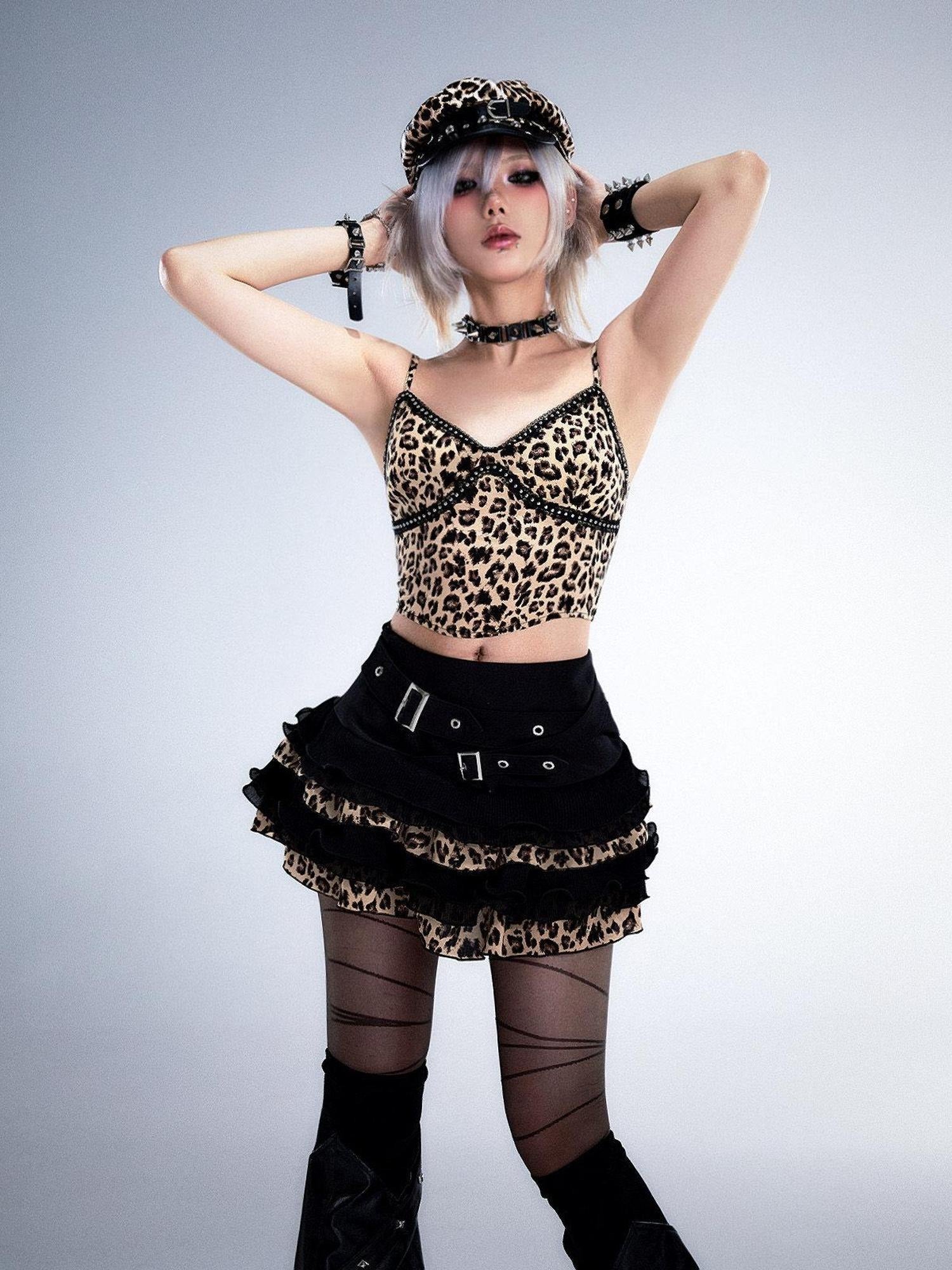 Frustration Garden Original Design Leopard Print Cropped Slim Fit Padded Studded Polyester Camisoles