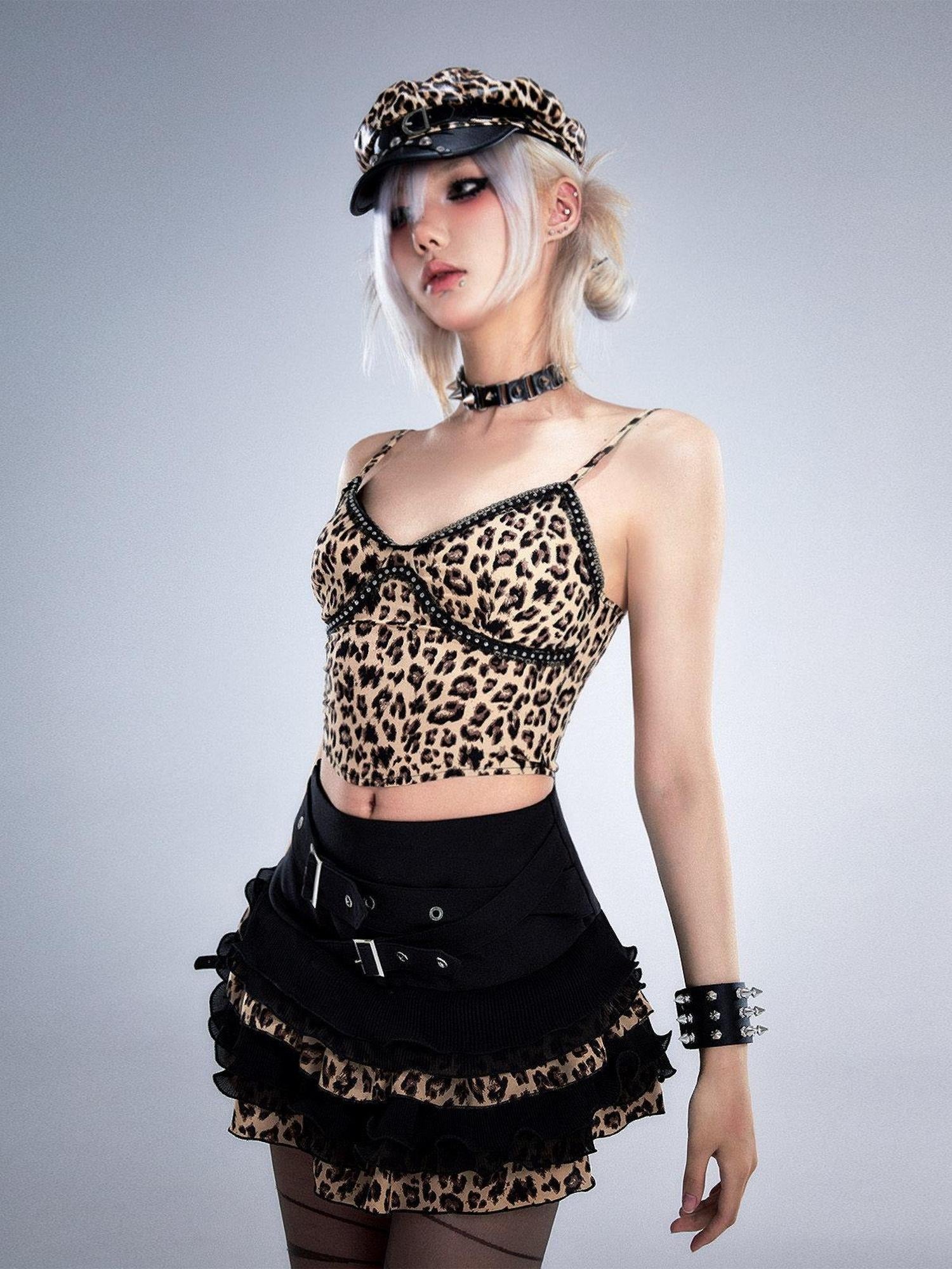 Frustration Garden Original Design Leopard Print Cropped Slim Fit Padded Studded Polyester Camisoles