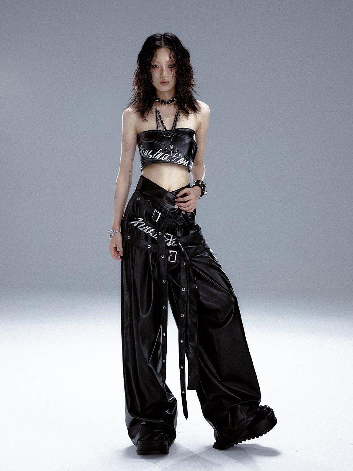 Frustration Garden Original High Waist Belted Wide Leg Printed Pu Black Women Leather Pants