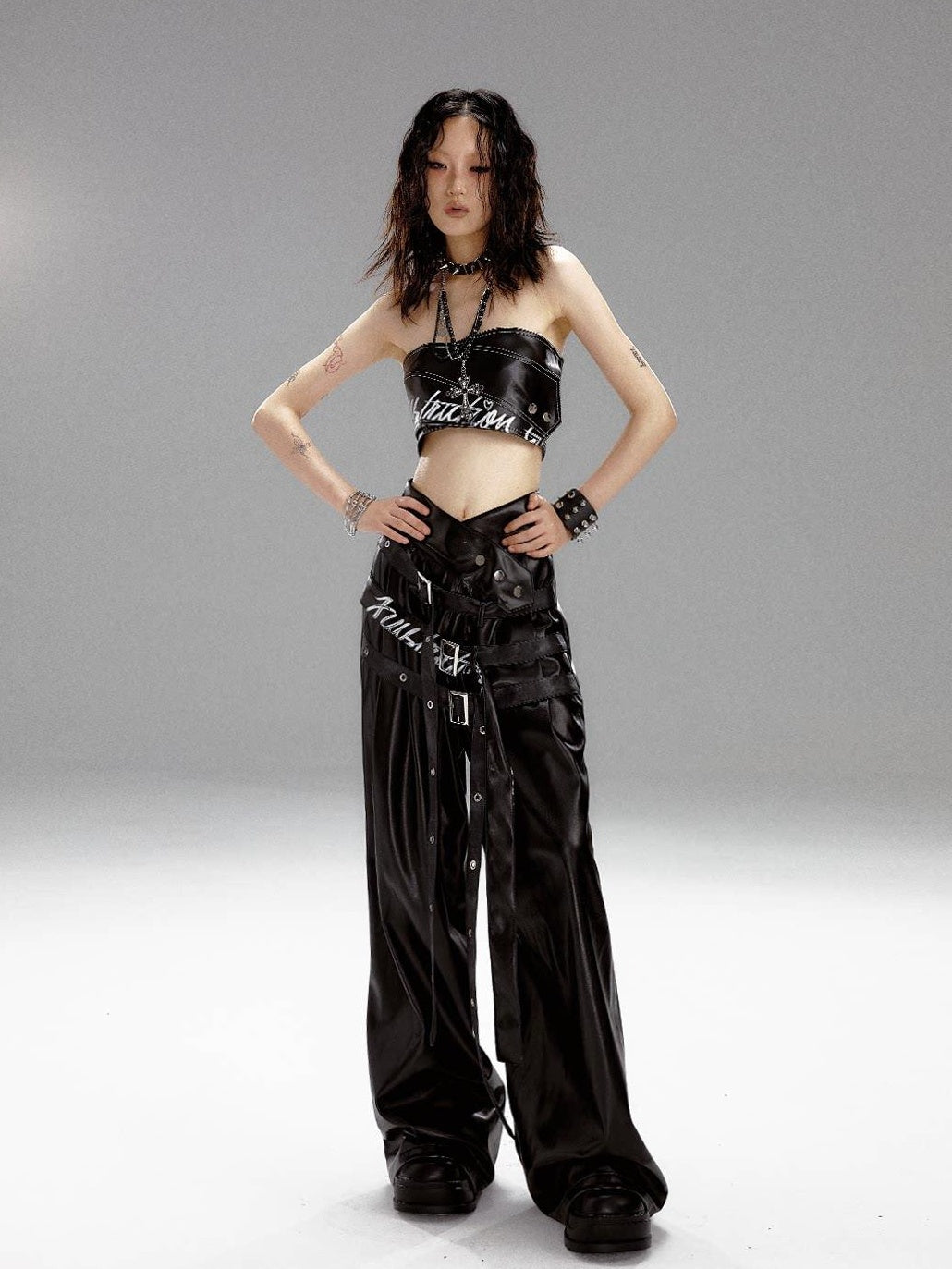 Frustration Garden Original High Waist Belted Wide Leg Printed Pu Black Women Leather Pants