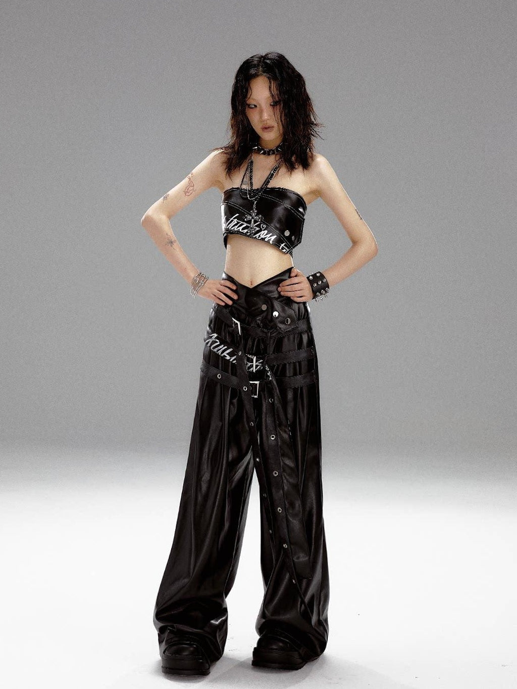 Frustration Garden Original High Waist Belted Wide Leg Printed Pu Black Women Leather Pants