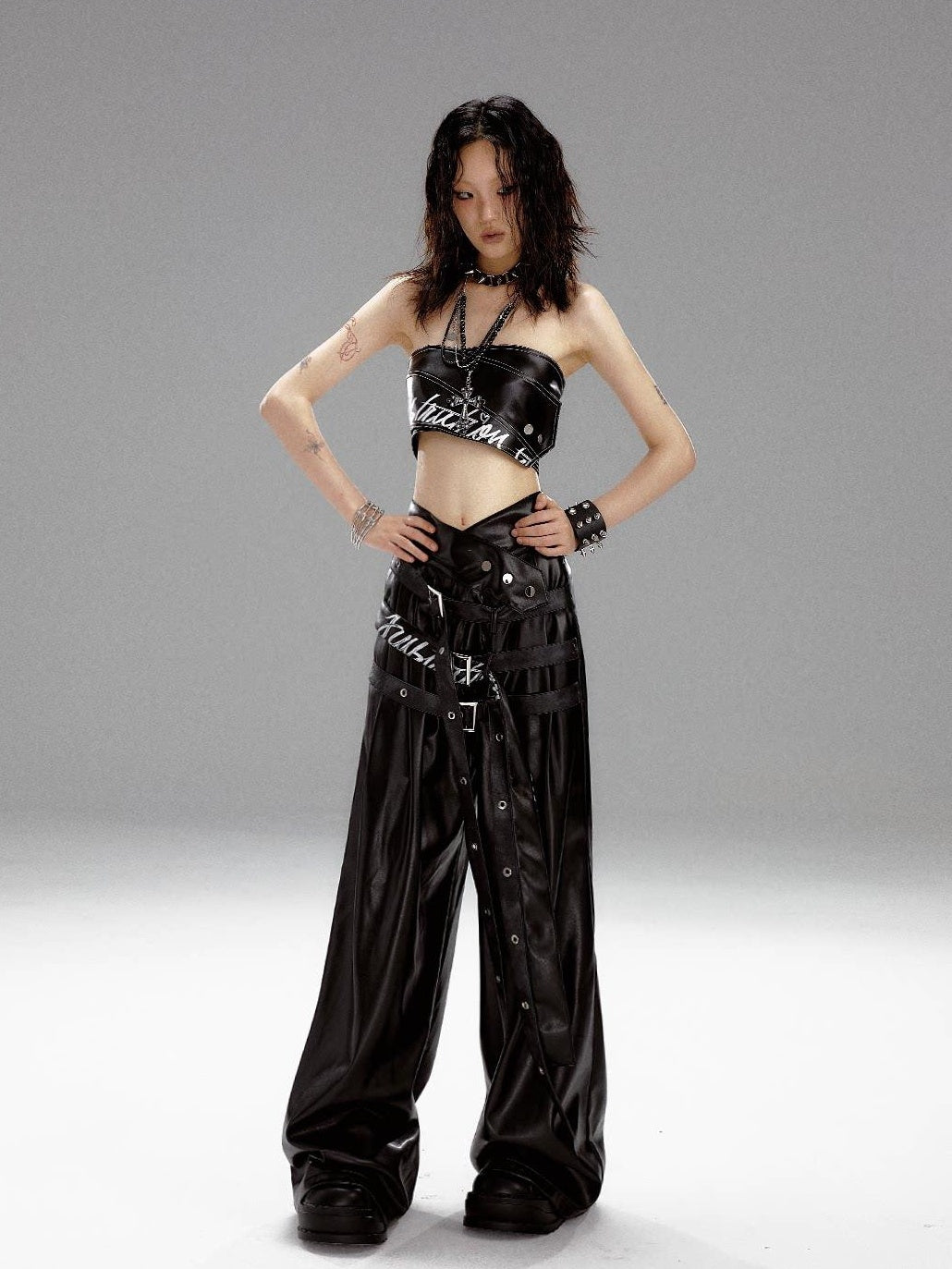 Frustration Garden Original High Waist Belted Wide Leg Printed Pu Black Women Leather Pants