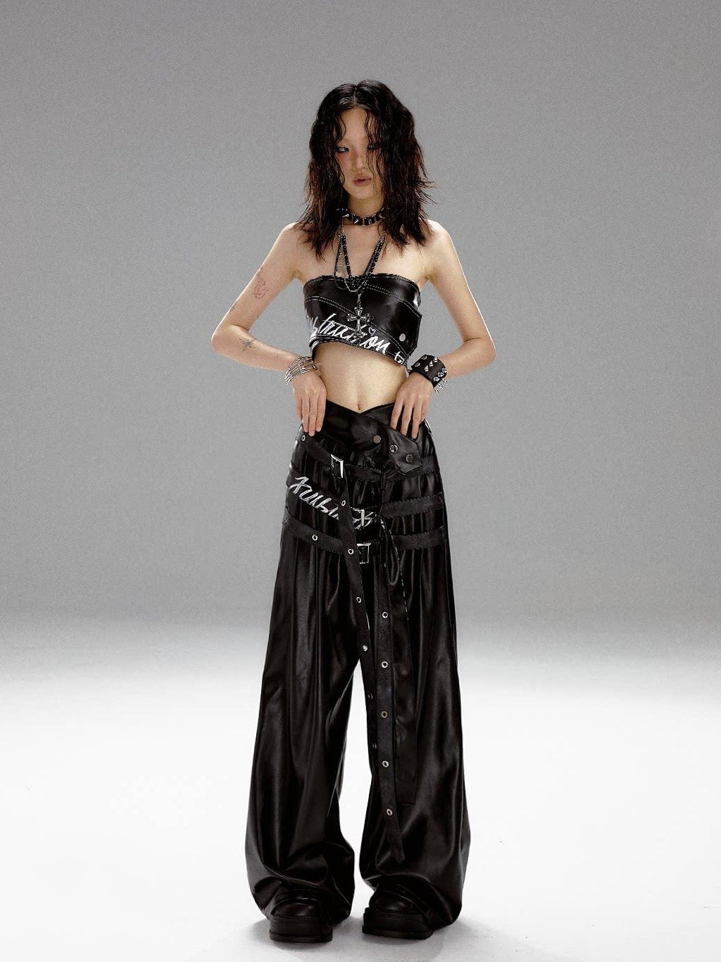 Frustration Garden Original High Waist Belted Wide Leg Printed Pu Black Women Leather Pants