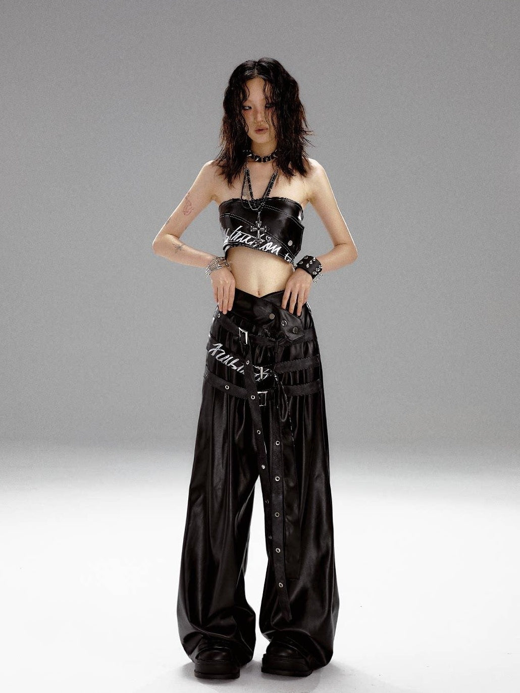 Frustration Garden Original High Waist Belted Wide Leg Printed Pu Black Women Leather Pants