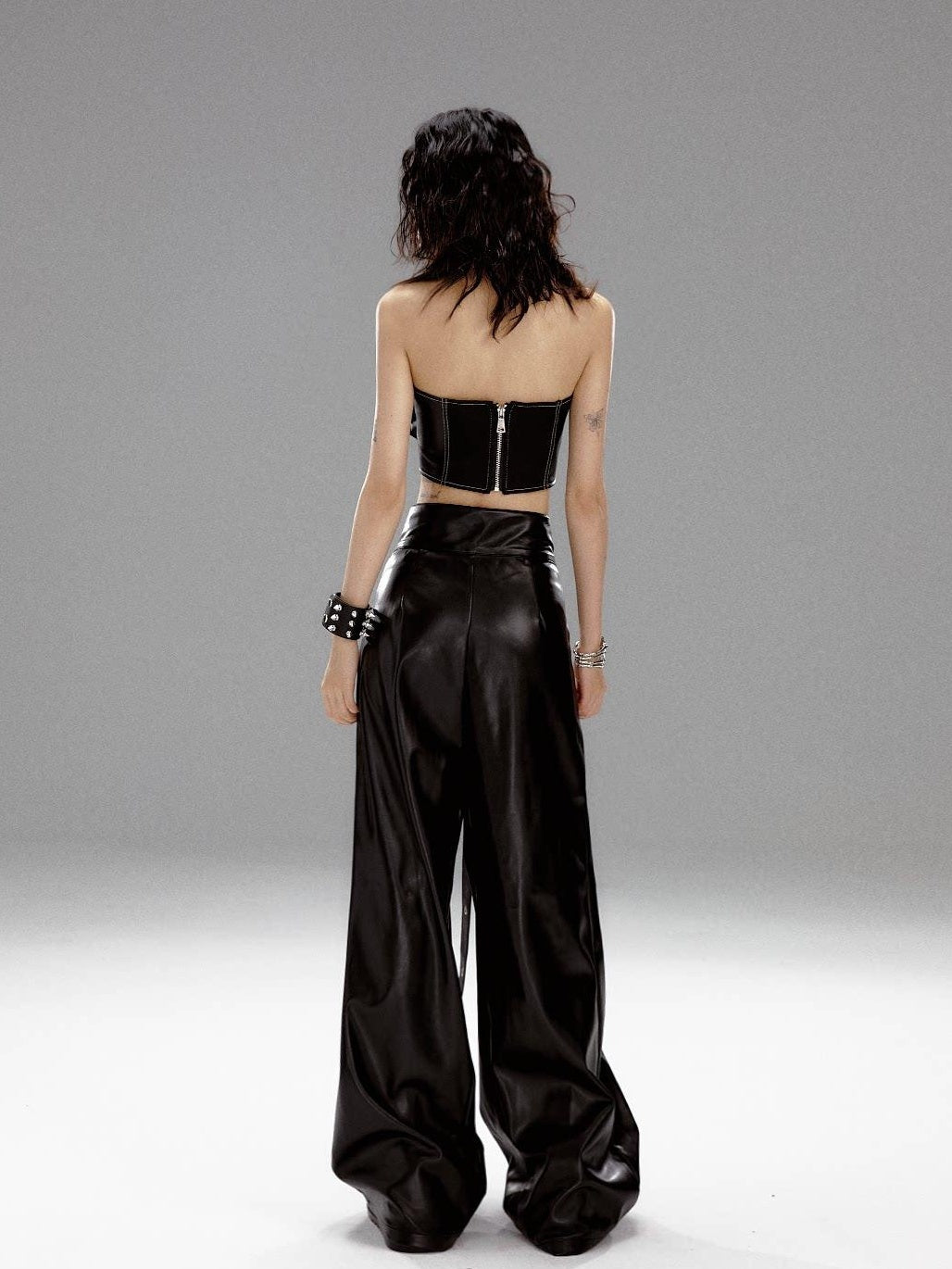 Frustration Garden Original High Waist Belted Wide Leg Printed Pu Black Women Leather Pants